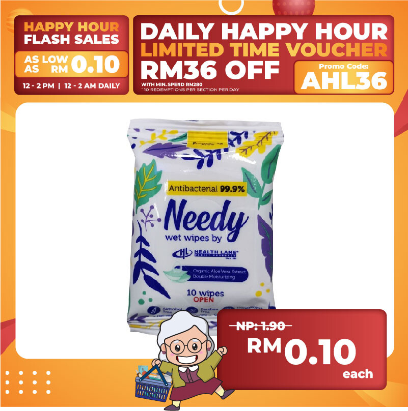 (FLASH SALES JULY 2024) NEEDY WET WIPES 99.9% ANTIBACTERIAL-FRAGRANCE FREE YELLOW (10'S)